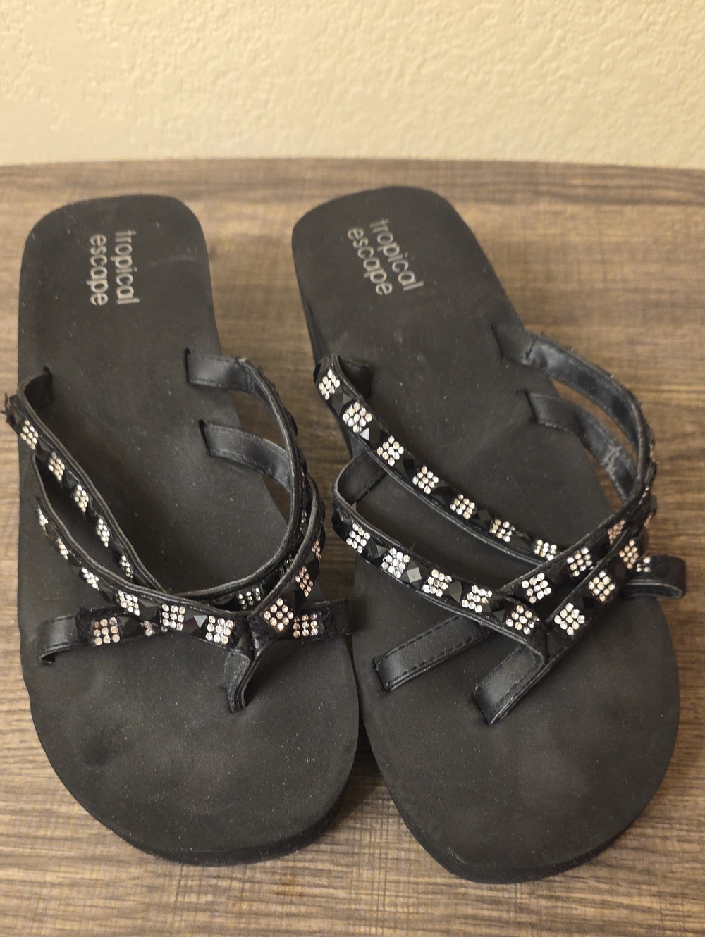 Tropical Escape Black Rhinestone Strappy Slide Sandals